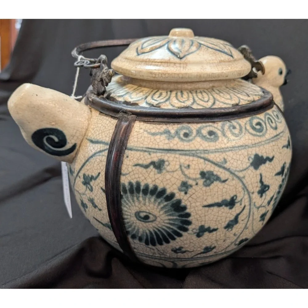 Antique Blue & White Asian Teapot Figural Spout